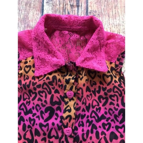 George Leopard Print Hearts Button Front Lace Ruffle Top Girl's Size Med. Pink - Picture 2 of 8